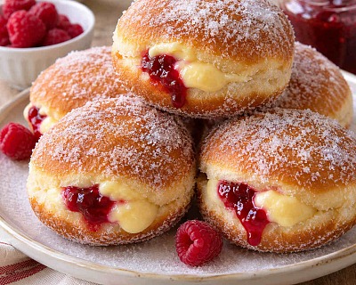 Custard Raspberry Jam Doughnuts